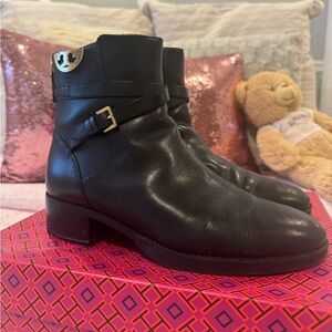 Tory Burch Mini Flat Black Leather Ankle Boots with Gold Detailing